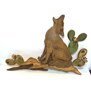 Vintage Wood Wall Hanging Sculpture Wolf Cactus 3D Copper Brass Flowers 26.5" W